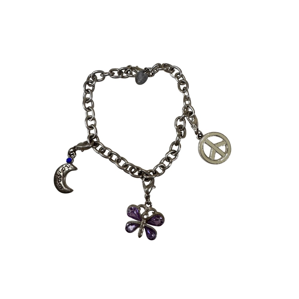 Claire's Silver Tone Charm Bracelet‎ Moon Butterfly Peace Sign Blue Bead Boho